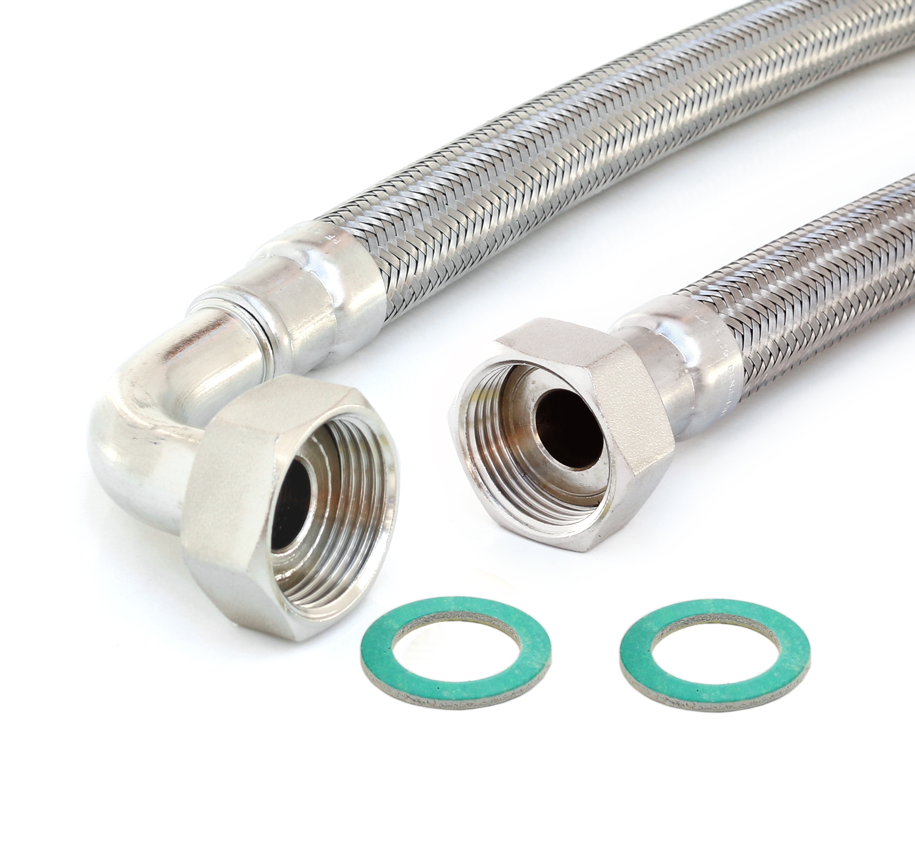 Panzerschlauch DN19 für Trinkwasser, VA Geflecht, 1"ÜM x 1"ÜM Bogen, PN10, -15 bis 70°C