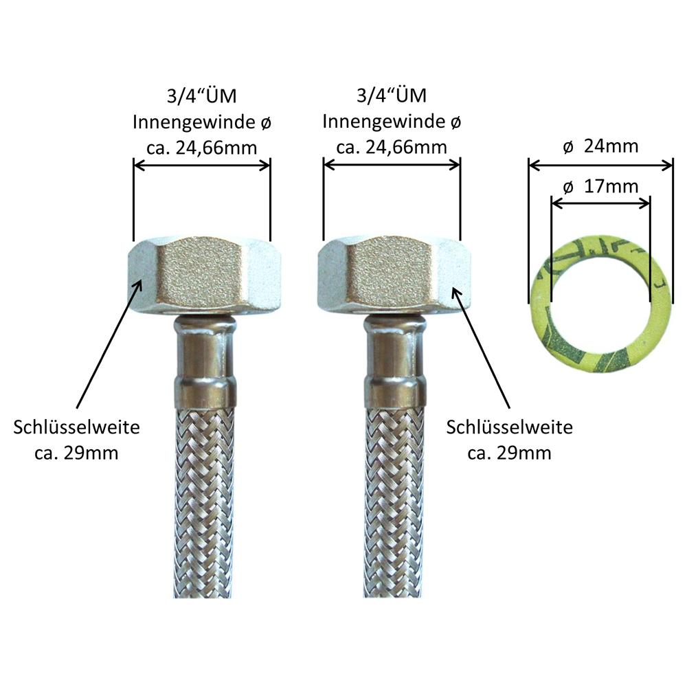 Panzerschlauch 3/4"ÜM x 3/4"ÜM für Trinkwasser, DN08, Umflechtung VA, DVGW, KTW A, W270, 500mm – Bild 3