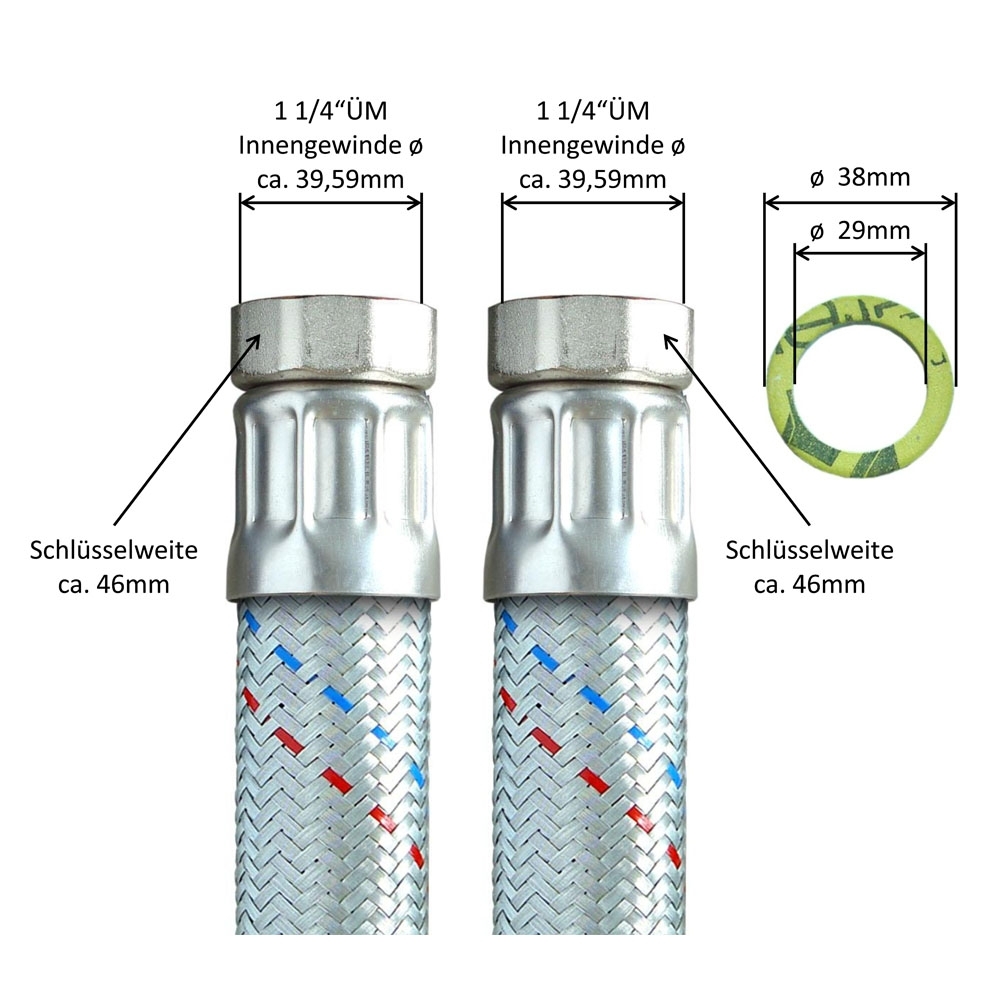 Panzerschlauch DN32 für Nutzwasser, Geflecht verzinkt, 1 1/4"ÜM x 1 1/4"ÜM, PN6, -20 bis 90°C