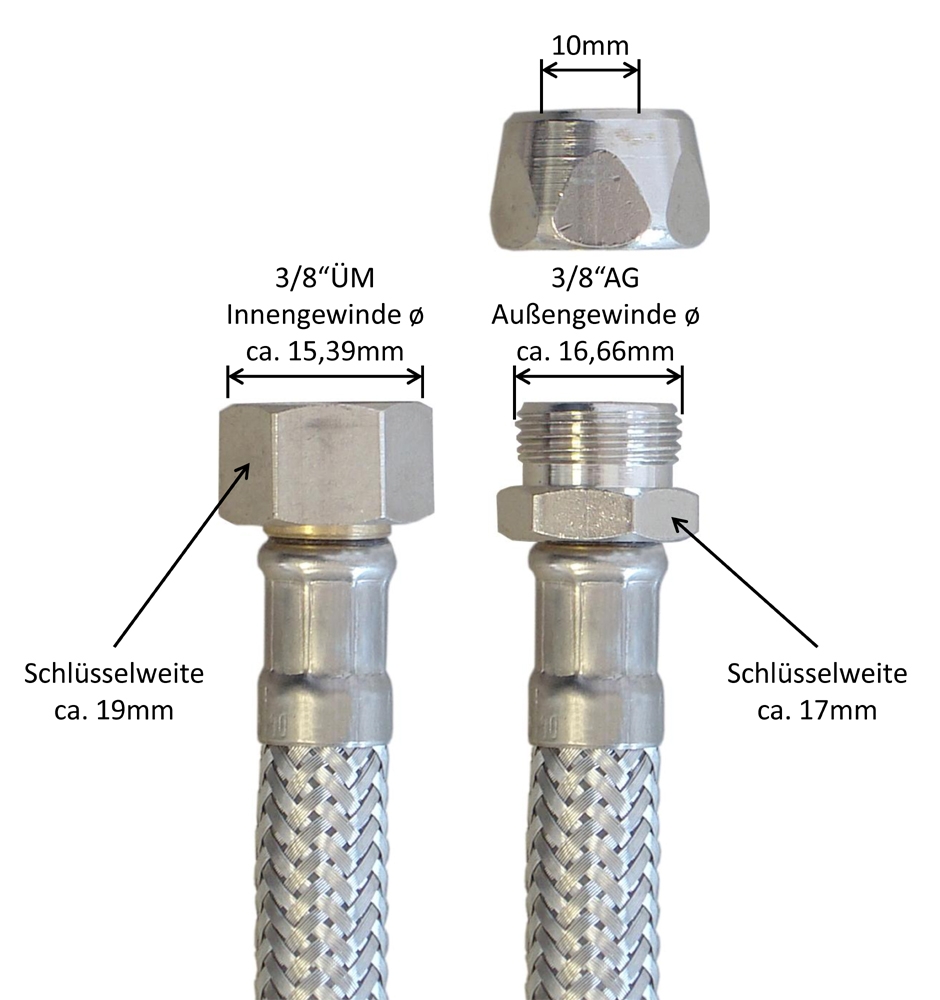 Panzerschlauch 3/8"ÜM x 10mm Quetsch, Flexschlauch für Sanitär mit Trinkwasserzulassung – Bild 3