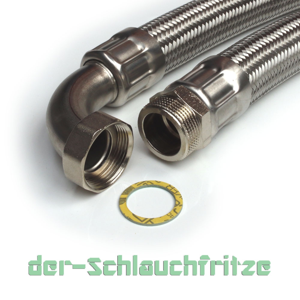 Panzerschlauch DN32 für Nutzwasser, VA Geflecht, 1 1/4"AG x 1 1/4"ÜM Bogen, PN6, -20 bis 90°C