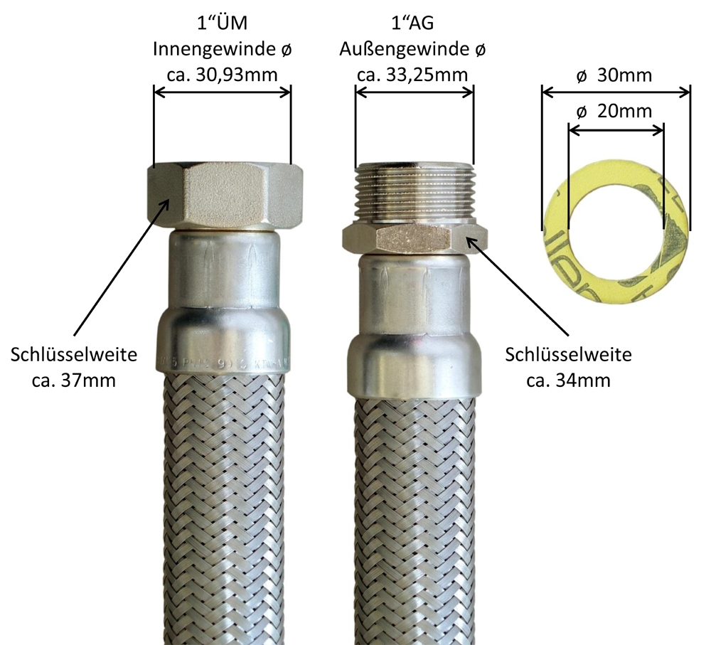 Panzerschlauch DN25 für Trinkwasser, Geflecht VA, 1"ÜM x 1"AG, Seele HDPE, -15 - 70°C, PN10, 300mm – Bild 3