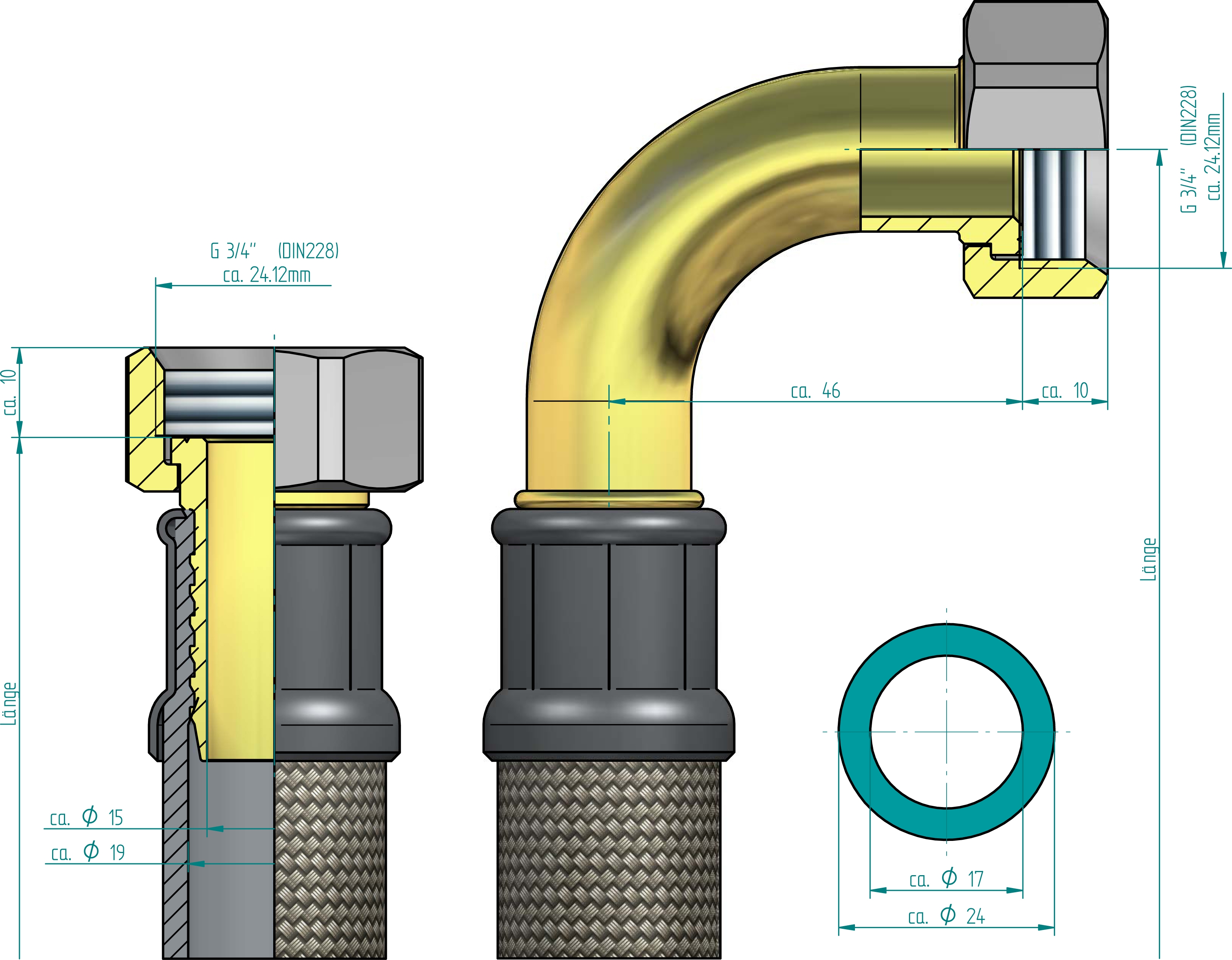 Panzerschlauch DN19 für Trinkwasser, VA Geflecht, 3/4"ÜM x 3/4"ÜM Bogen, PN10, -15 bis 70°C – Bild 2