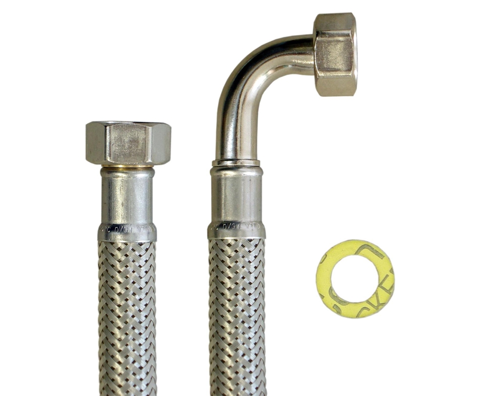 Panzerschlauch DN13 für Trinkwasser, 1/2"ÜM x 1/2"ÜM 90°Bogen, PN10, -15 - 70°C, DVGW – Bild 4