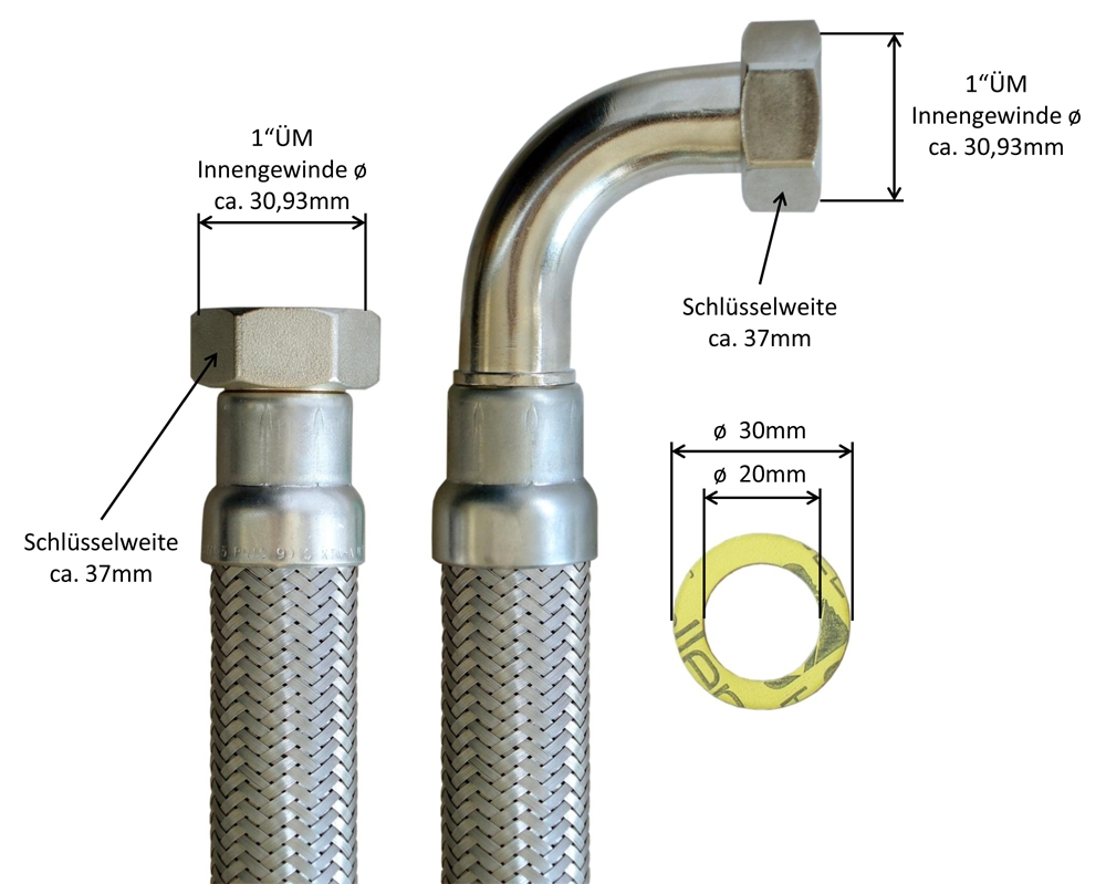 DN25 Panzerschlauch 1"ÜM x 1"ÜM Bogen für Trinkwasser, Geflecht VA, Seele HDPE, PN10, -15 -70°C – Bild 3