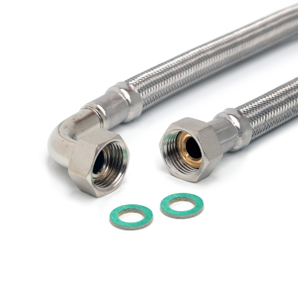 Panzerschlauch DN13 für Trinkwasser, 1/2"ÜM x 1/2"ÜM 90°Bogen, PN10, -15 - 70°C, DVGW