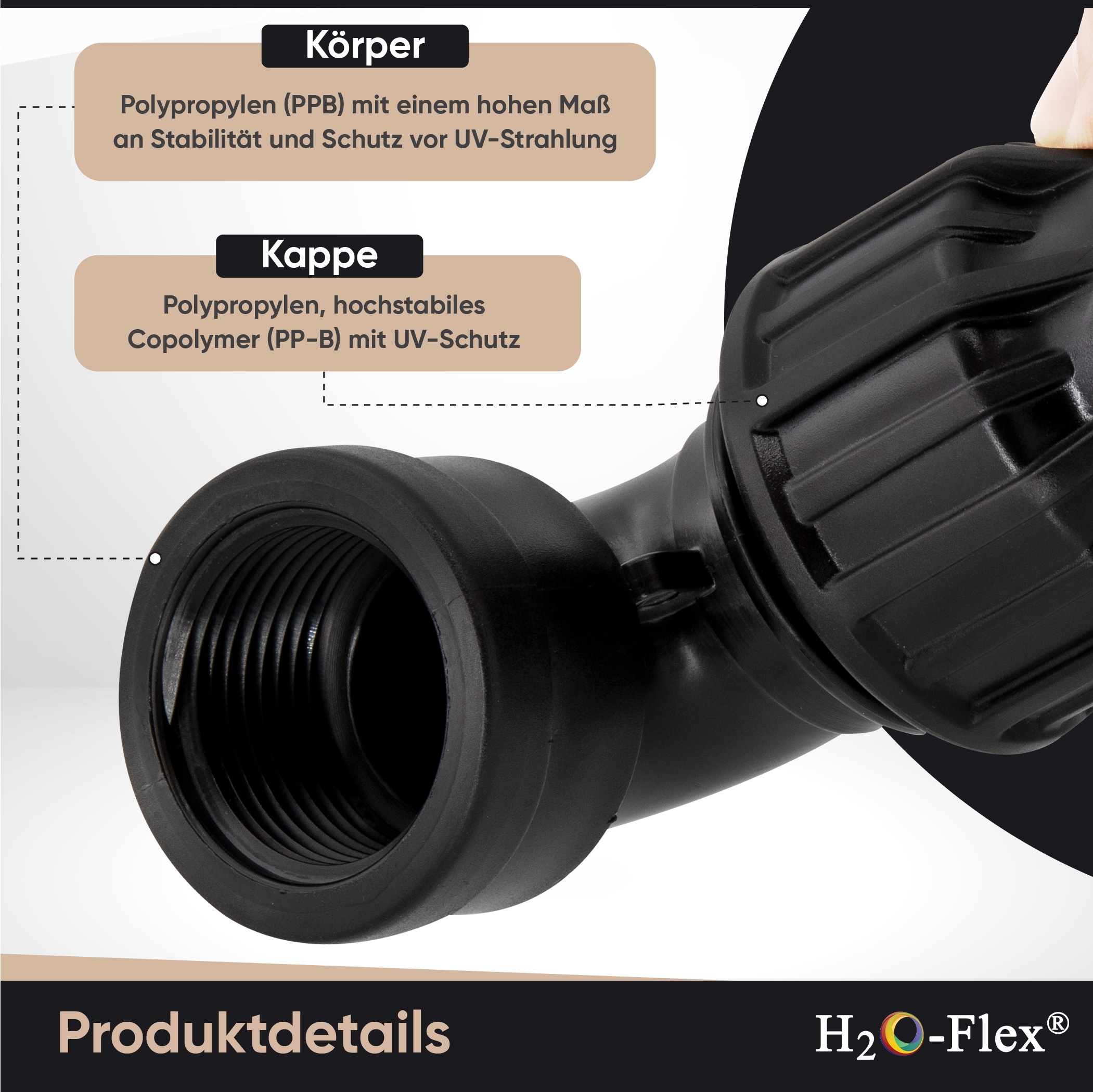 20er PP Klemmfitting Bogen / 90° Winkel mit 1/2" Innengewinde für PE Rohr – Bild 3