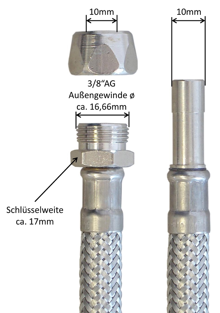Panzerschlauch 10mm Quetsch x 10mm Rohrstutzen, Flexschlauch für Sanitär mit Trinkwasserzulassung – Bild 3