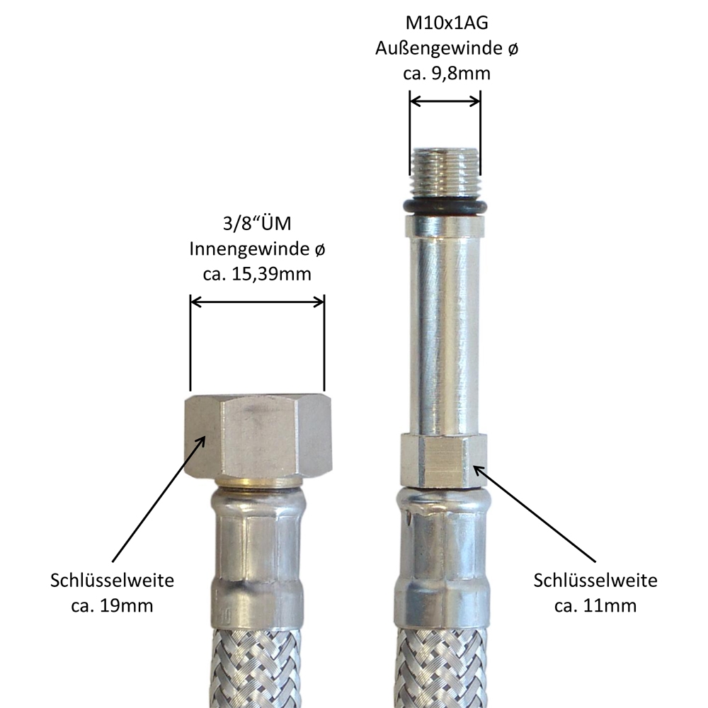 Armaturenschlauch 3/8"ÜM x M10 x 1 lang, für Trinkwasser, VA Geflecht, PN10,-15 bis 70°C, 1500mm – Bild 3