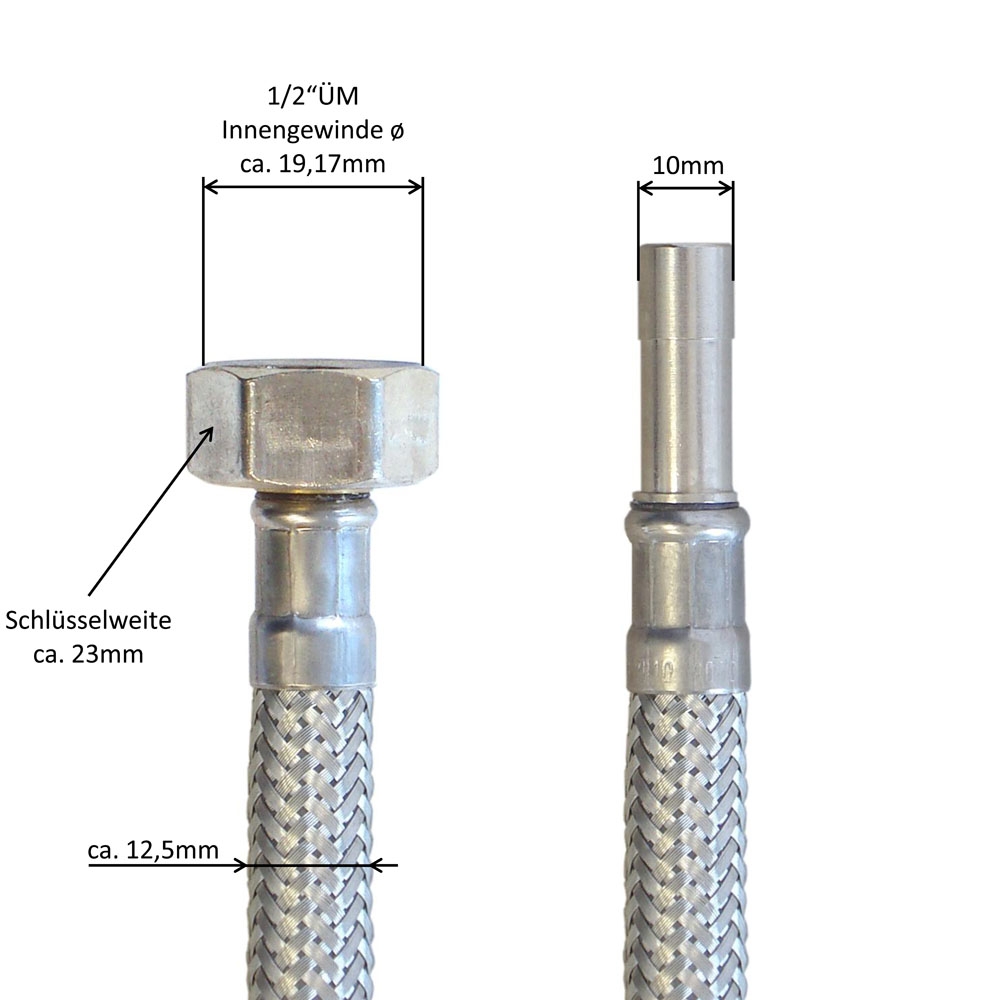 Panzerschlauch 1/2"ÜM x 10mm Rohr, Flexschlauch für Sanitär mit Trinkwasserzulassung – Bild 3