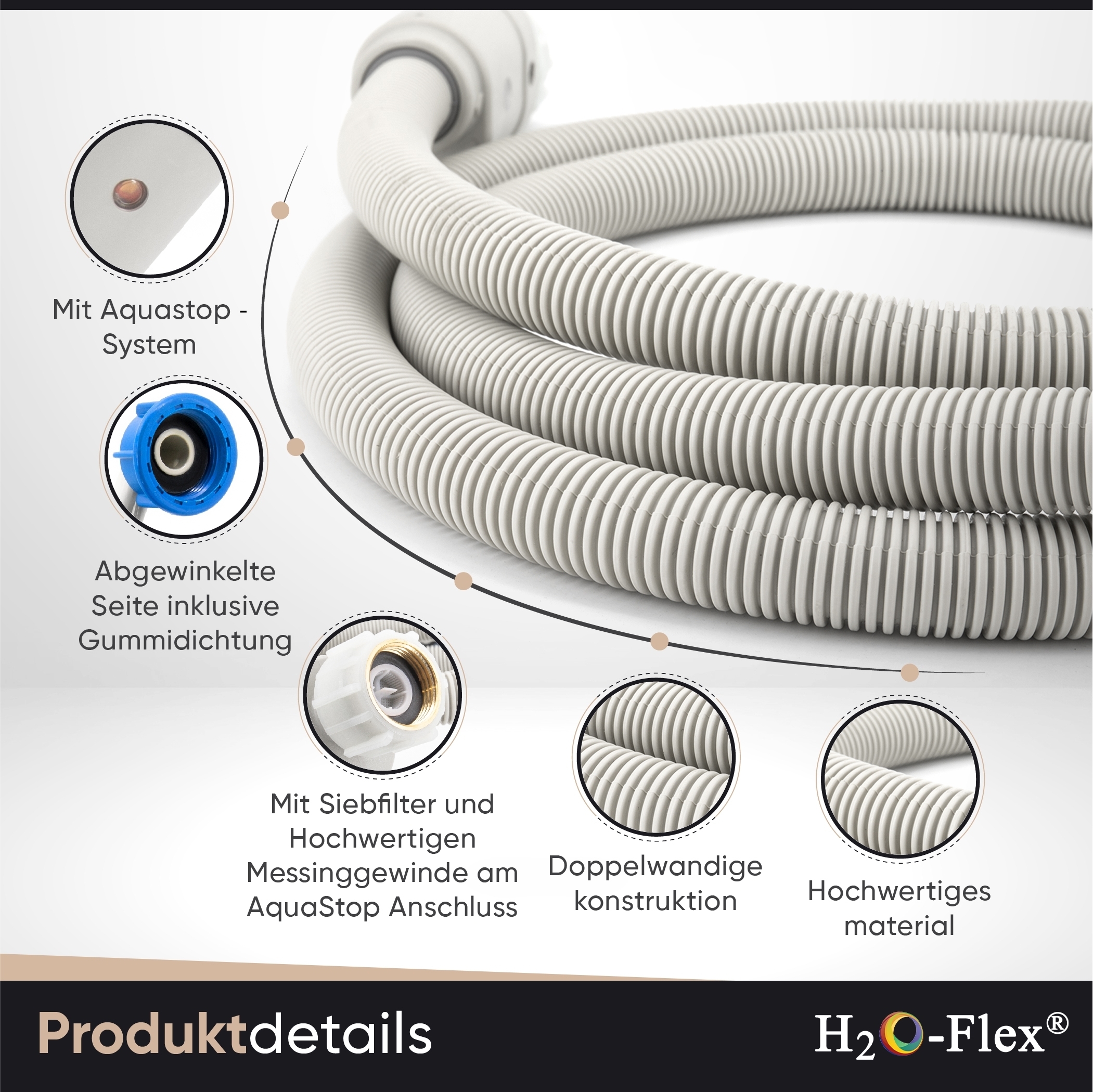 1,5m Aquastop-Schlauch, 3/4"ÜM x 3/4"ÜM mit Bogen, Zulaufschlauch für die Waschmaschine