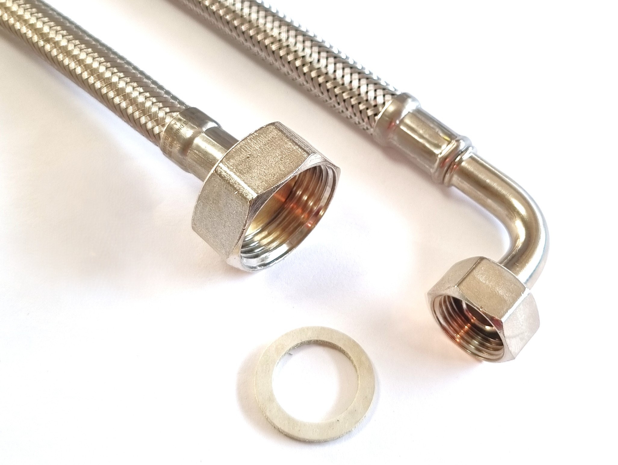 DN08 Panzerschlauch 3/4"ÜM x 3/8"ÜM Bogen für Trinkwasser, Geflecht VA, Seele HDPE, PN10, bis 70°C