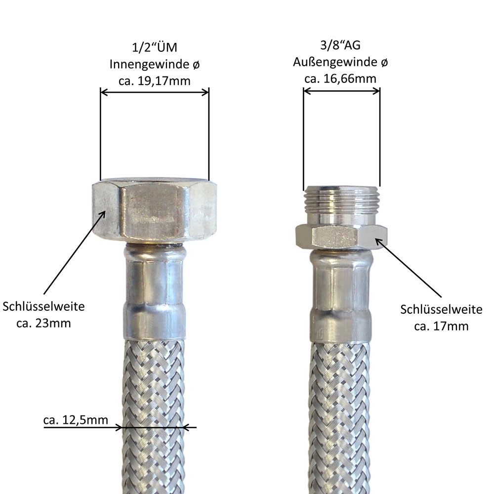 Panzerschlauch 1/2"ÜM x 3/8"AG für Trinkwasser, Geflecht VA, Seele PE, DVGW, KTW A, W270, 9000mm – Bild 3