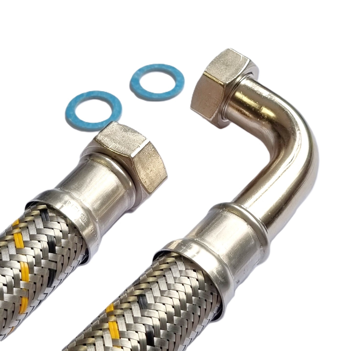 Saug-/Druckschlauch DN25, Geflecht VA, Seele HDPE, 1"ÜM x 1"ÜM Bogen, -15 bis 80°C, PN10,