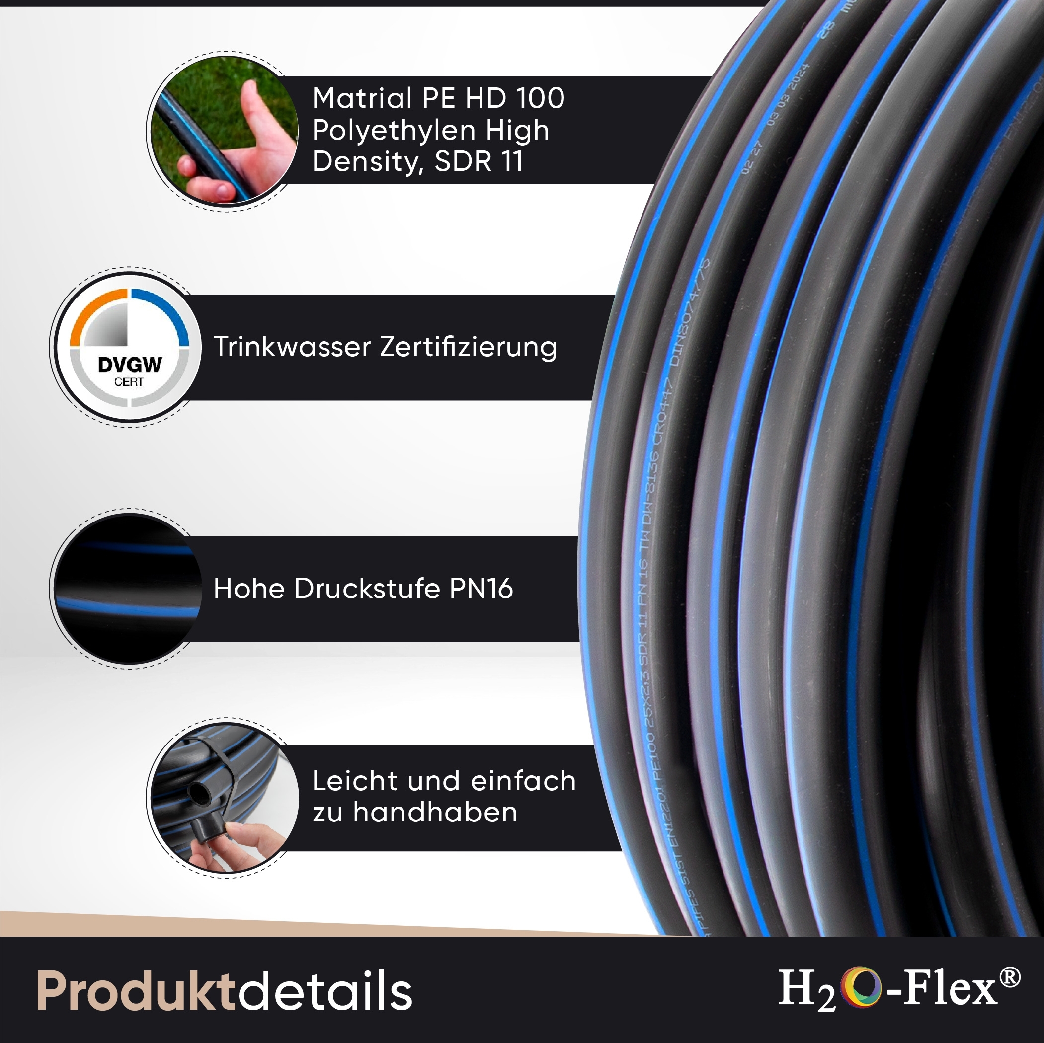 25 x 2,3 PE100 HD-Rohr 12,5m HDPE PN16 Trinkwasserleitung DVGW