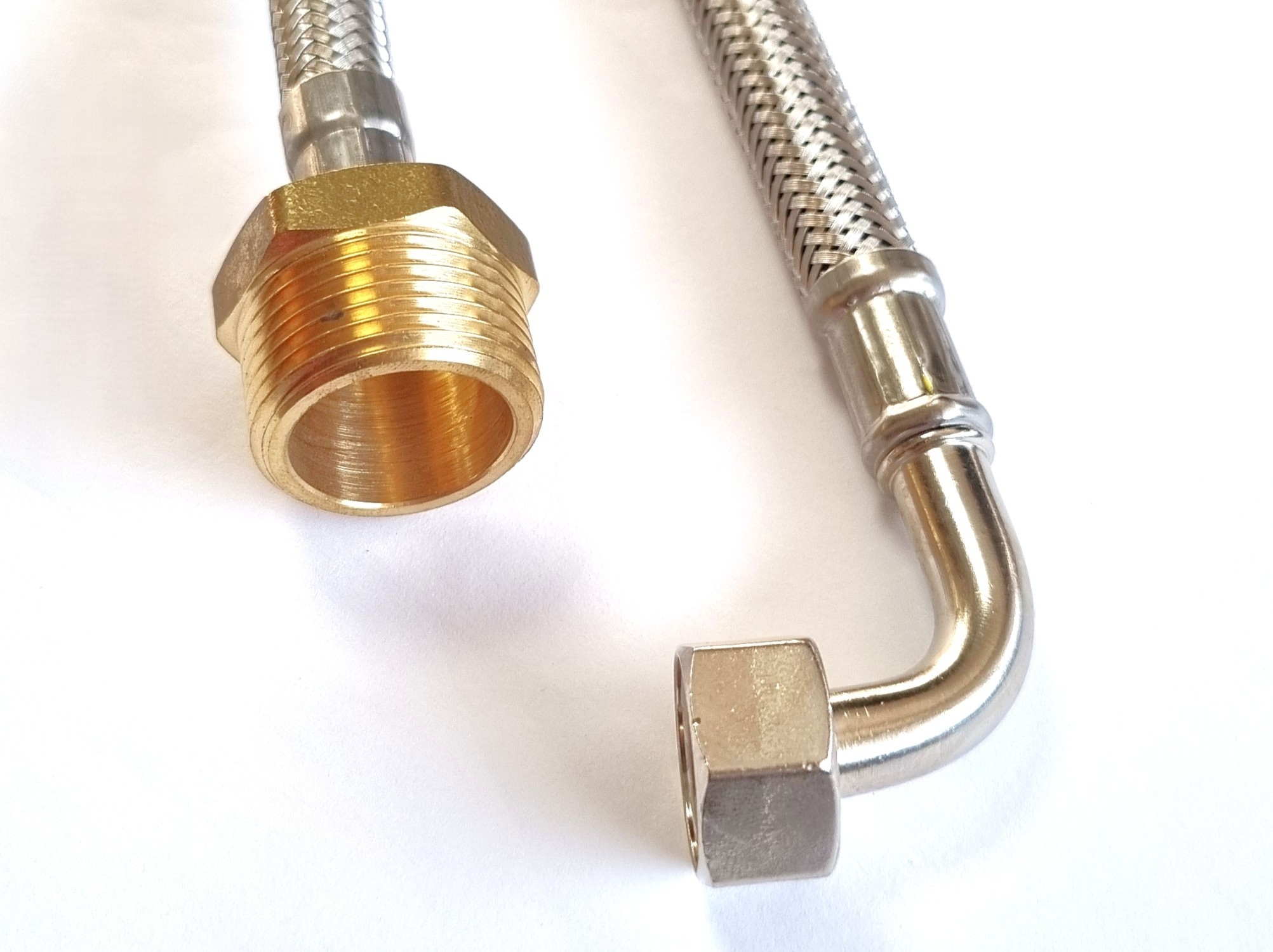 DN08 Panzerschlauch 3/4"AG x 3/8"ÜM Bogen für Trinkwasser, Geflecht VA, Seele HDPE, PN10, bis 70°C – Bild 2