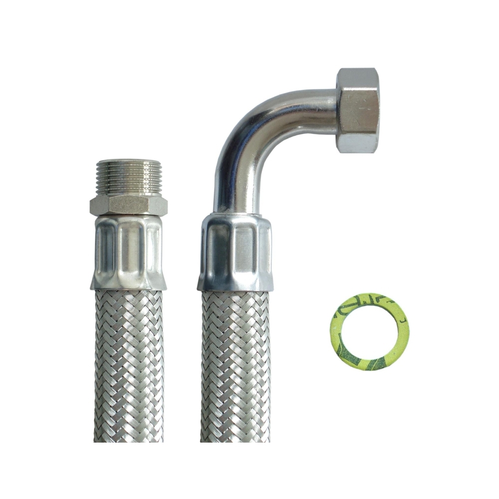 Panzerschlauch DN19, für Trinkwasser 3/4"AG x 3/4"ÜM 90°Bogen DVGW (W543), PN10, -15 - 70°C, 900mm – Bild 3