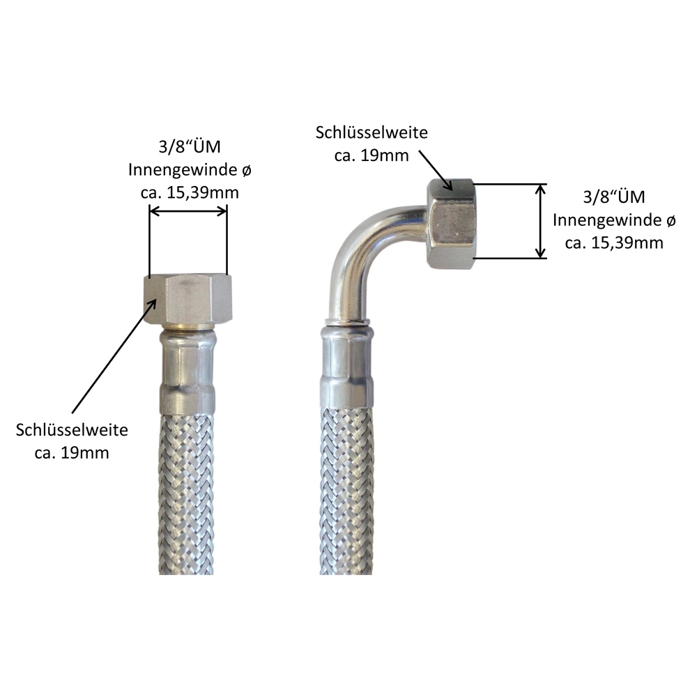 Panzerschlauch DN08 für Trinkwasser, 3/8"ÜM x 3/8"ÜM Bogen, Geflecht VA, -15 bis 70°C, PN10, 1100mm – Bild 2