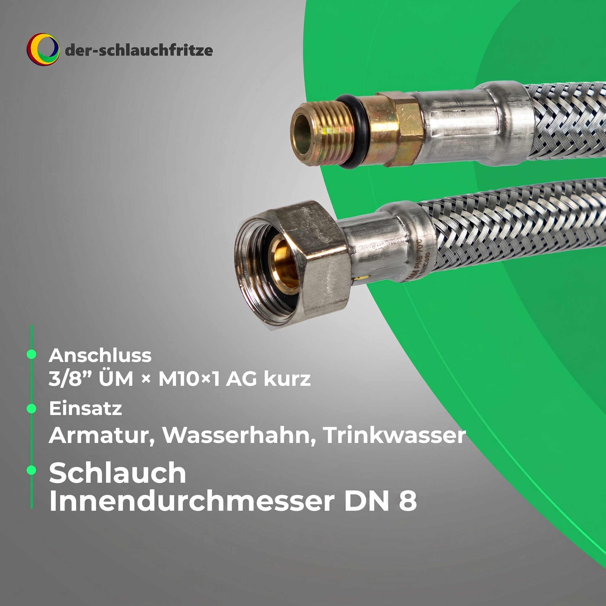 2er Set DN08 Flexschlauch 3/8"ÜM x M10 x 1 kurz für Trinkwasser, PN10,-15 bis 70°C, 20cm – Bild 4