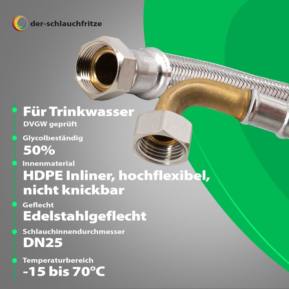 Produktbild von H2O-Flex Panzerschlauch DN25 – 1" AG X 1" IG, EPDM, Verzinkt, Für Wasser, Solar, Heizung (Made In Germany)